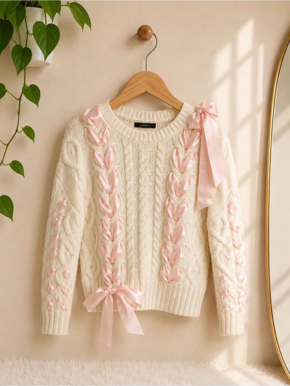 Forever 21 Cream Cable Knit Sweater with Pale Pink Ribbon Accents